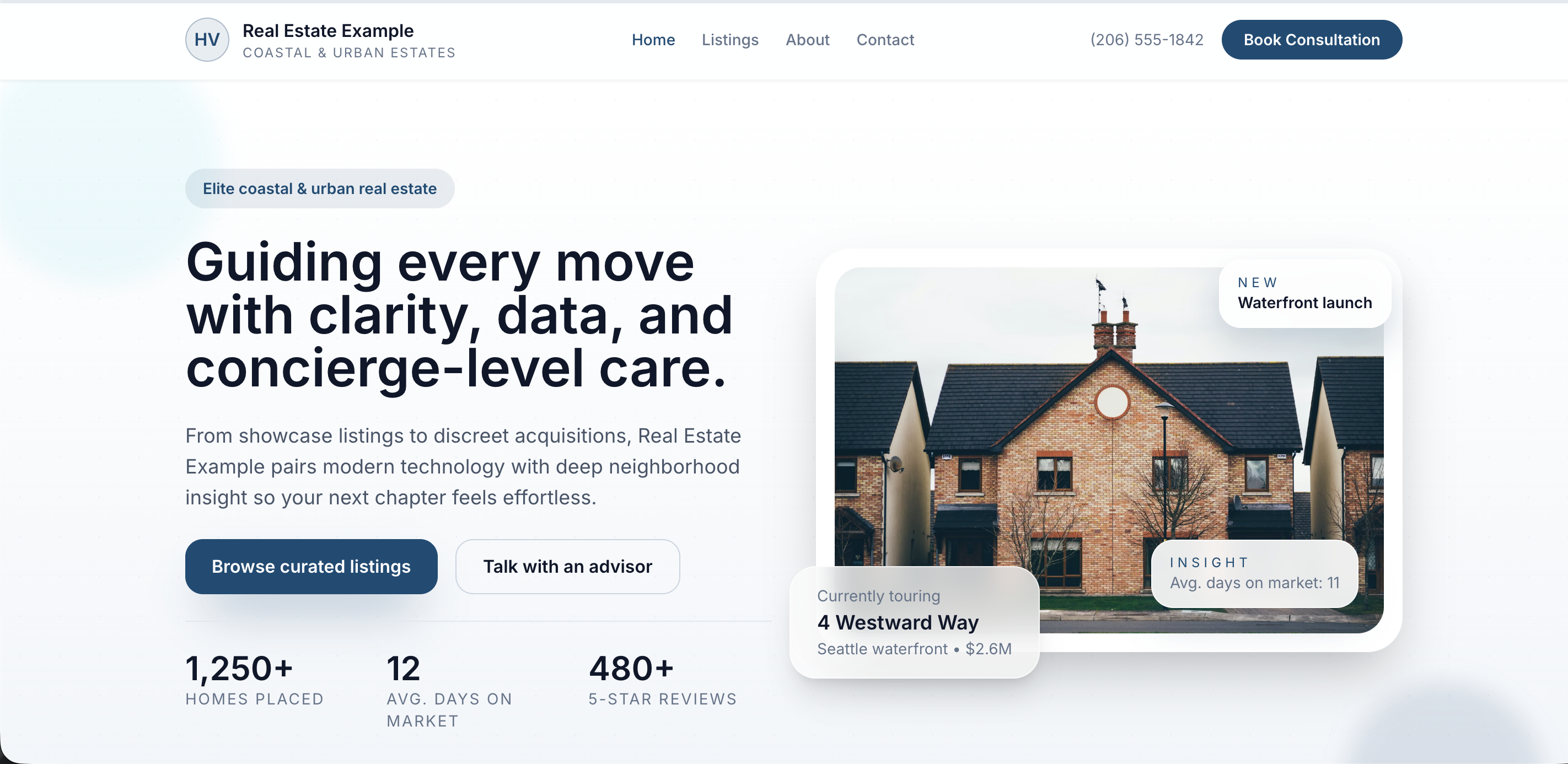 Real Estate example website homepage